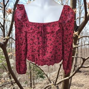 TRIXXI new burgundy & black sheer long sleeve ruffle floral chiffon blouse